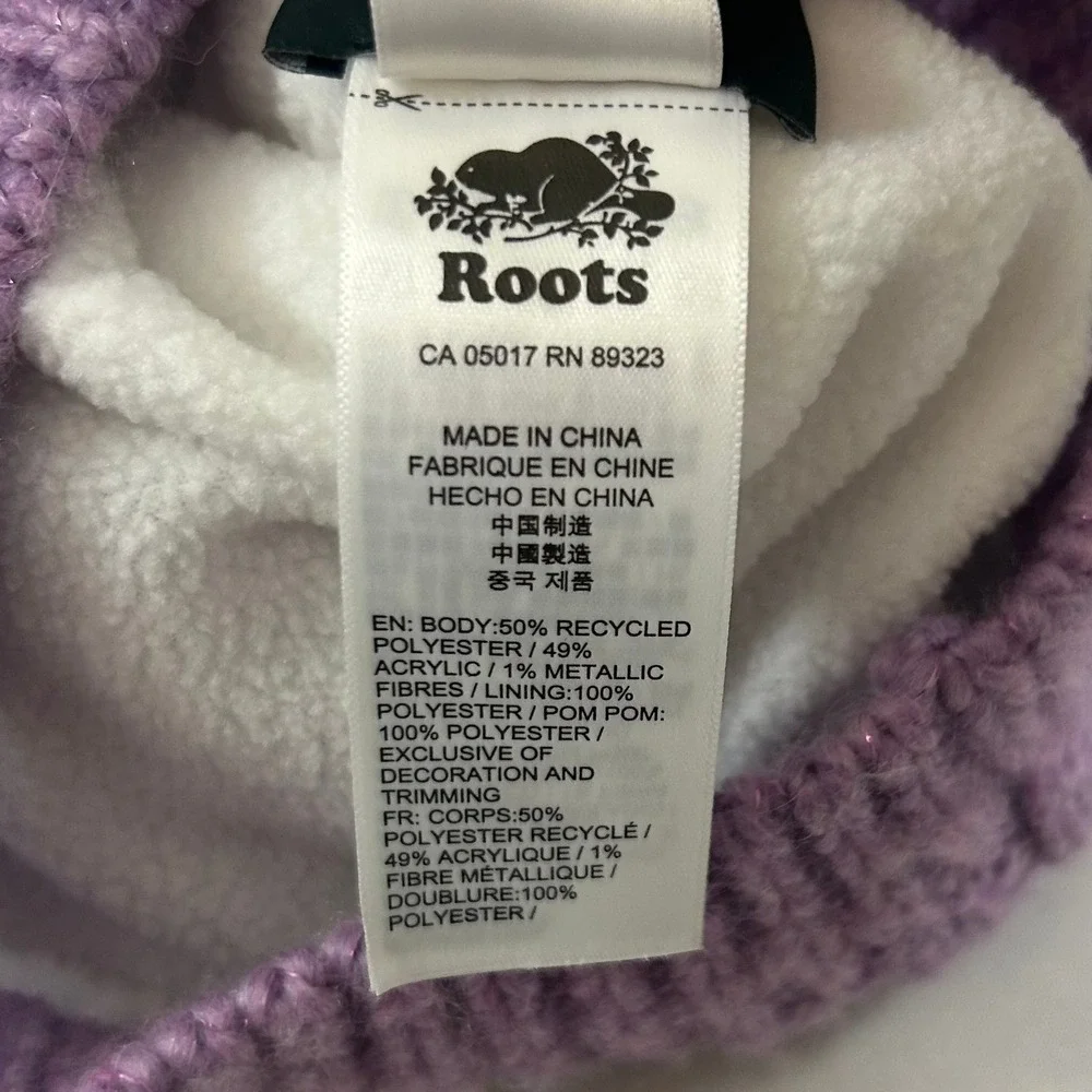 Roots Beanie Kids Girls One Size Purple Sparkle Ribbed Knit‎ Faux Fur Pom Toque